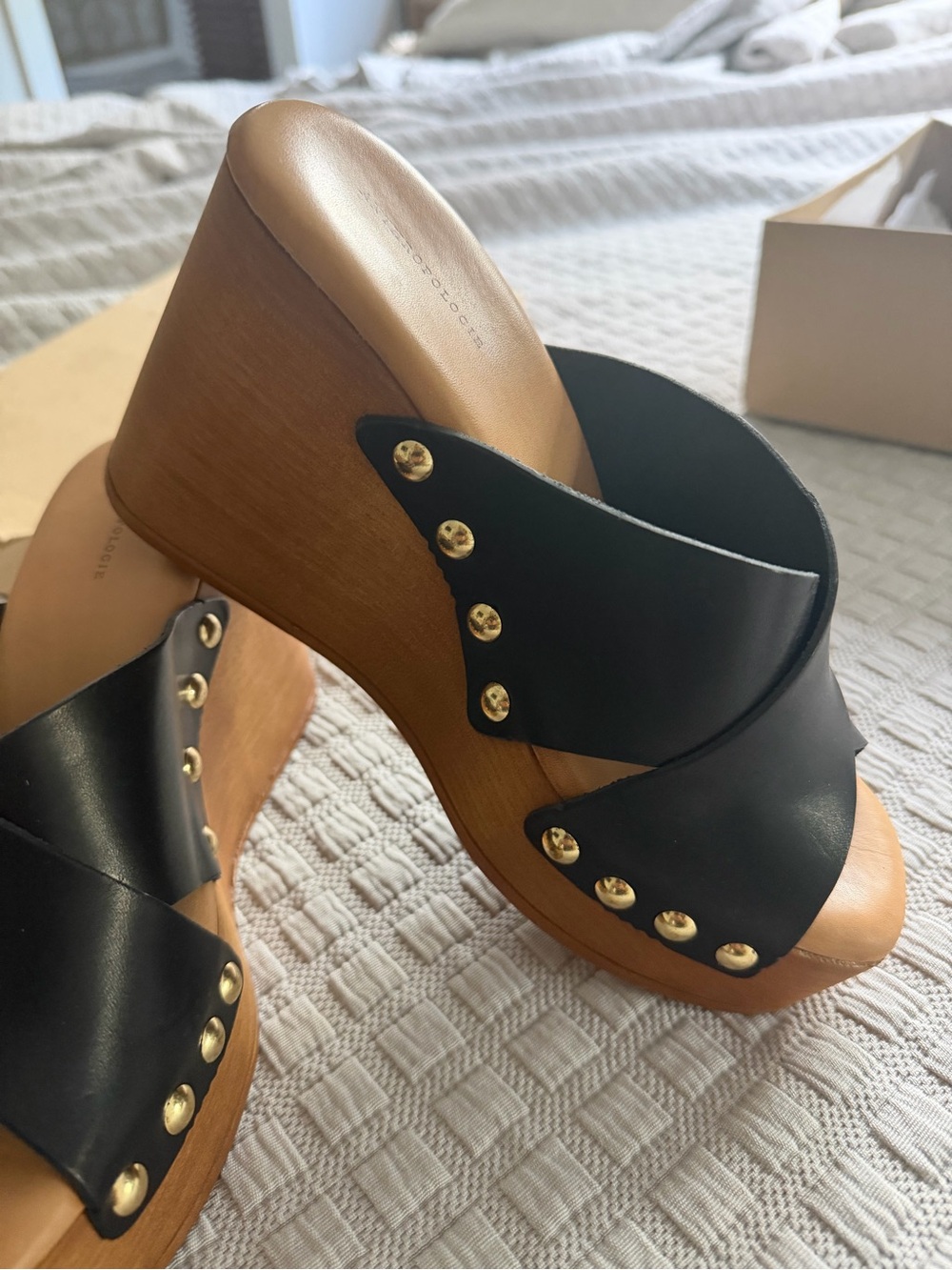 Anthropologie Black Leather Wood-Platform Clog Sandals - Classic Women's Slide